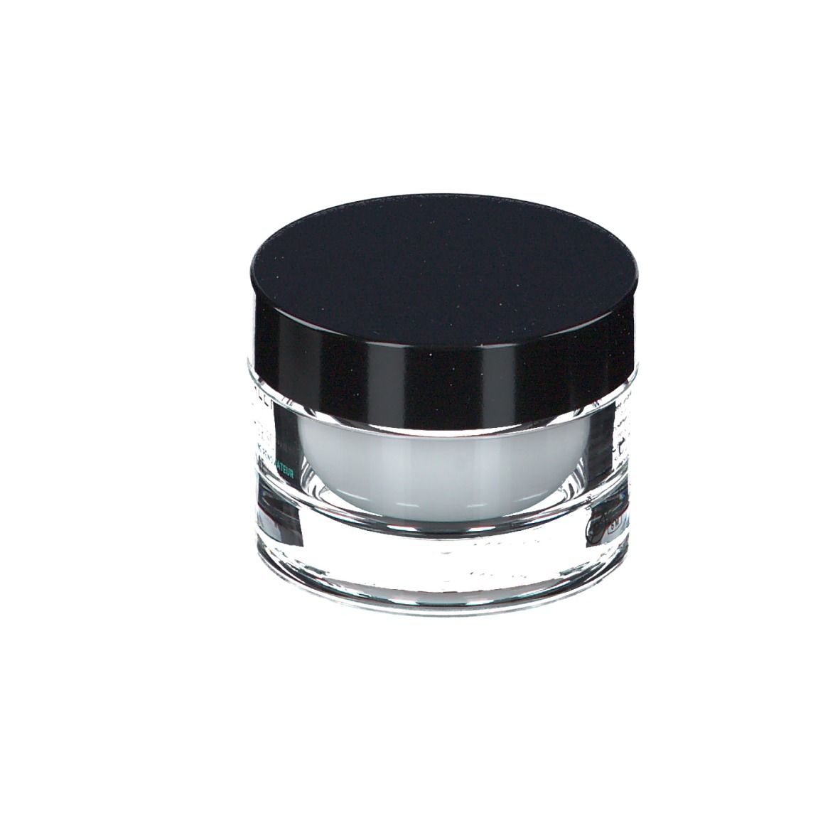 Vasetto rotondo con coperchio nero. Contiene una crema bianca. Contenitore trasparente.