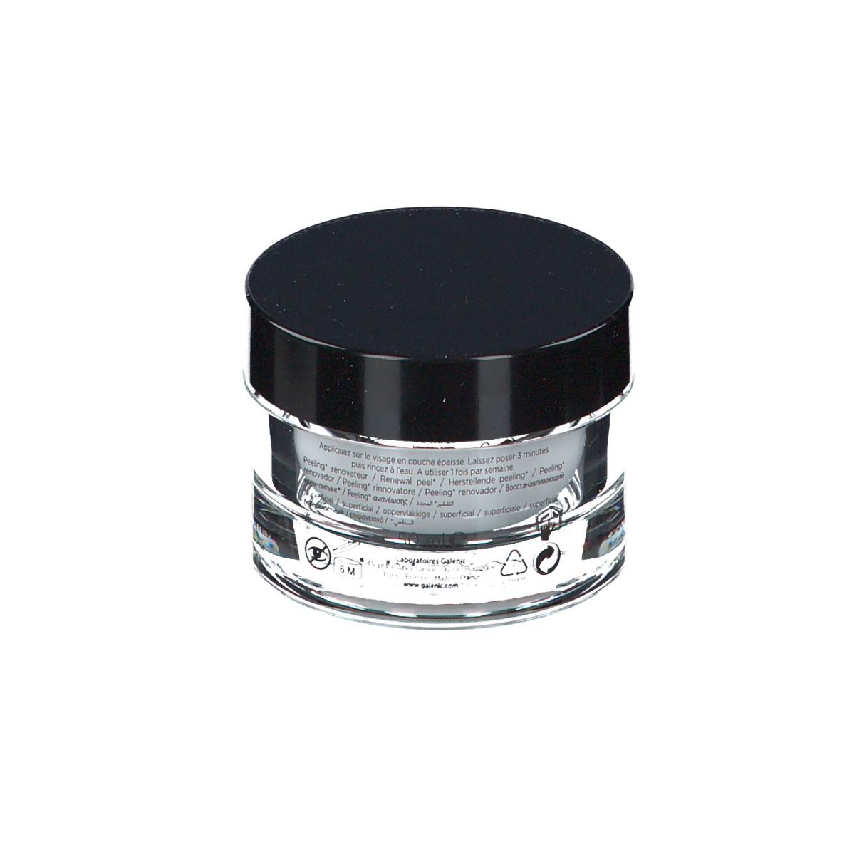 Vasetto rotondo con coperchio nero. Retro con testo. Contenitore trasparente.
