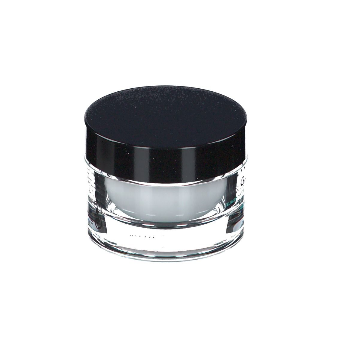 Vasetto rotondo con coperchio nero. Contiene una crema bianca. Contenitore trasparente.
