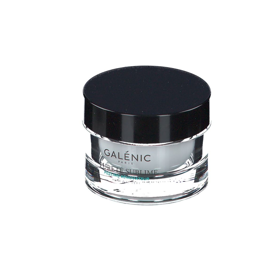 Vasetto rotondo con coperchio nero. Scritta GALÉNIC PARIS. Nome prodotto: PURETE SUBLIME PEELING.