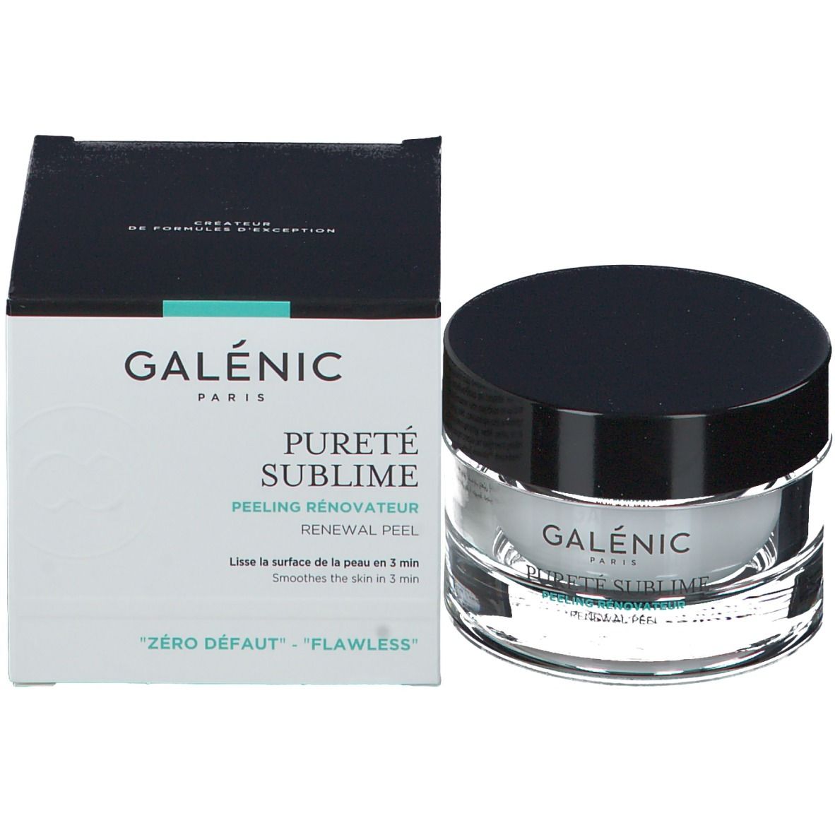 Prodotto e confezione. Vasetto con coperchio nero e scatola. Scritta GALÉNIC PURETE SUBLIME.