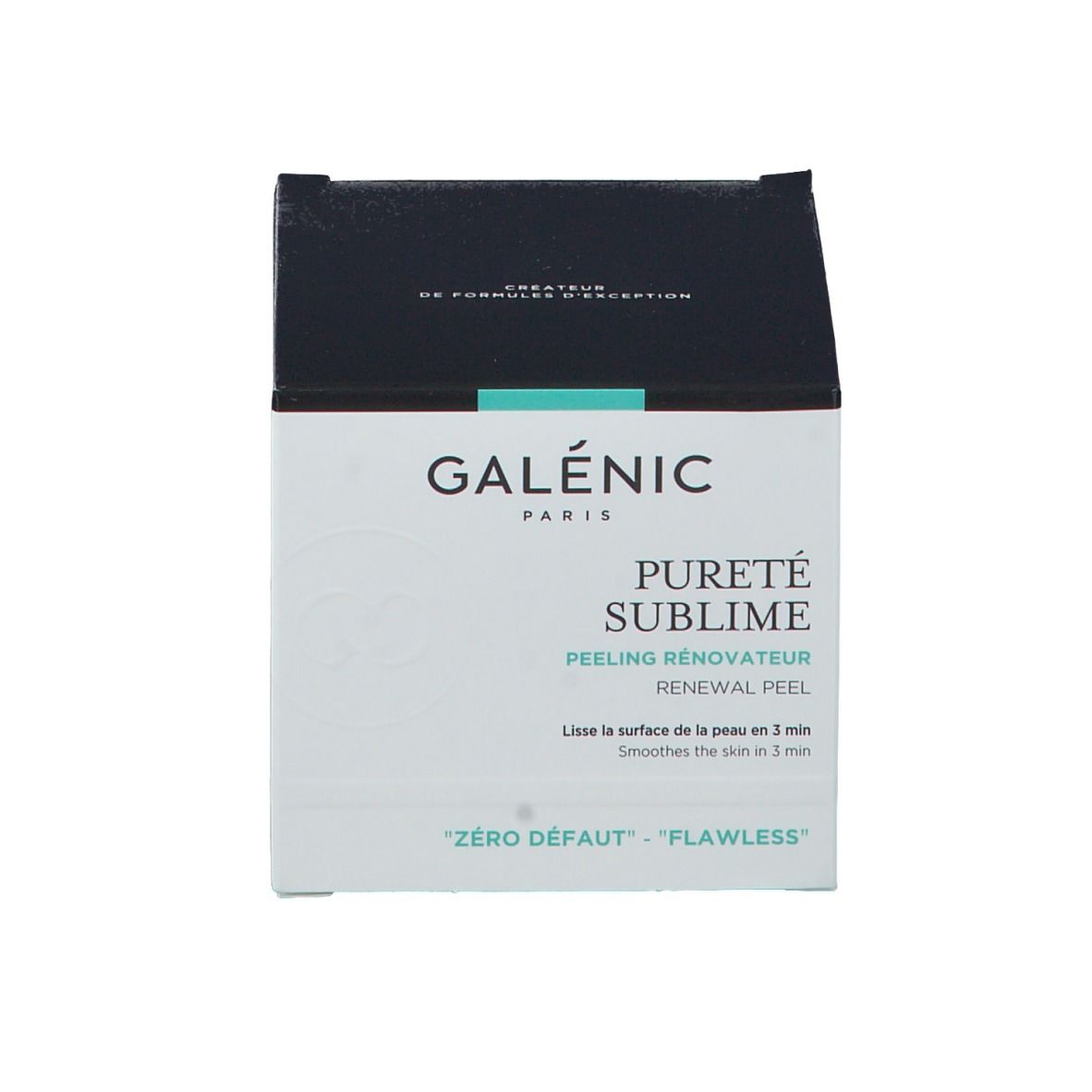 Confezione in cartone. Scritta GALÉNIC PURETE SUBLIME. Testo: PEELING RÉNOVATEUR.