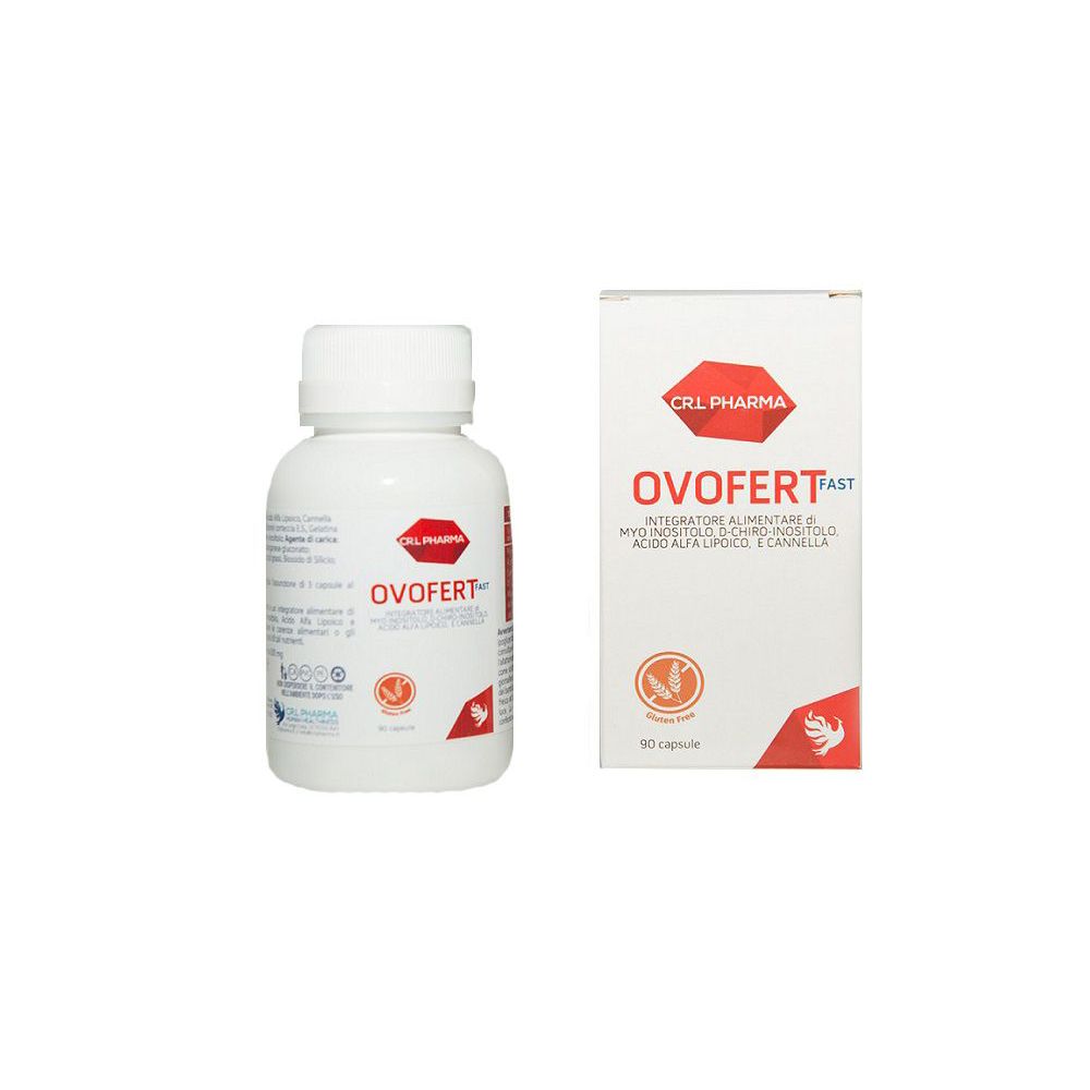 Flacone e confezione di Ovofert Fast. Flacone bianco, scatola bianca con testo e logo rossi. 90 capsule.