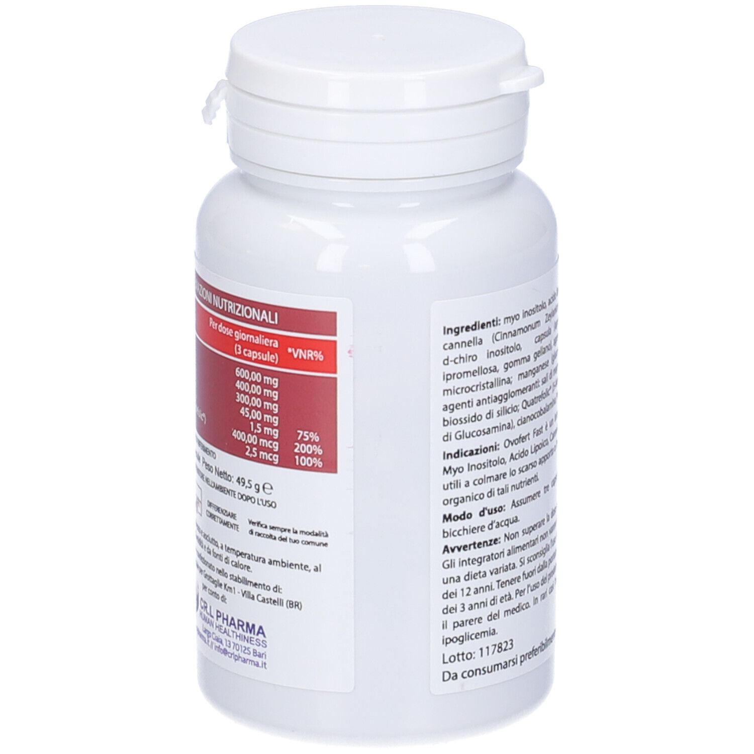 Capsule Ovofert Fast. Flacone bianco con testo e logo rossi. Retro con informazioni nutrizionali.