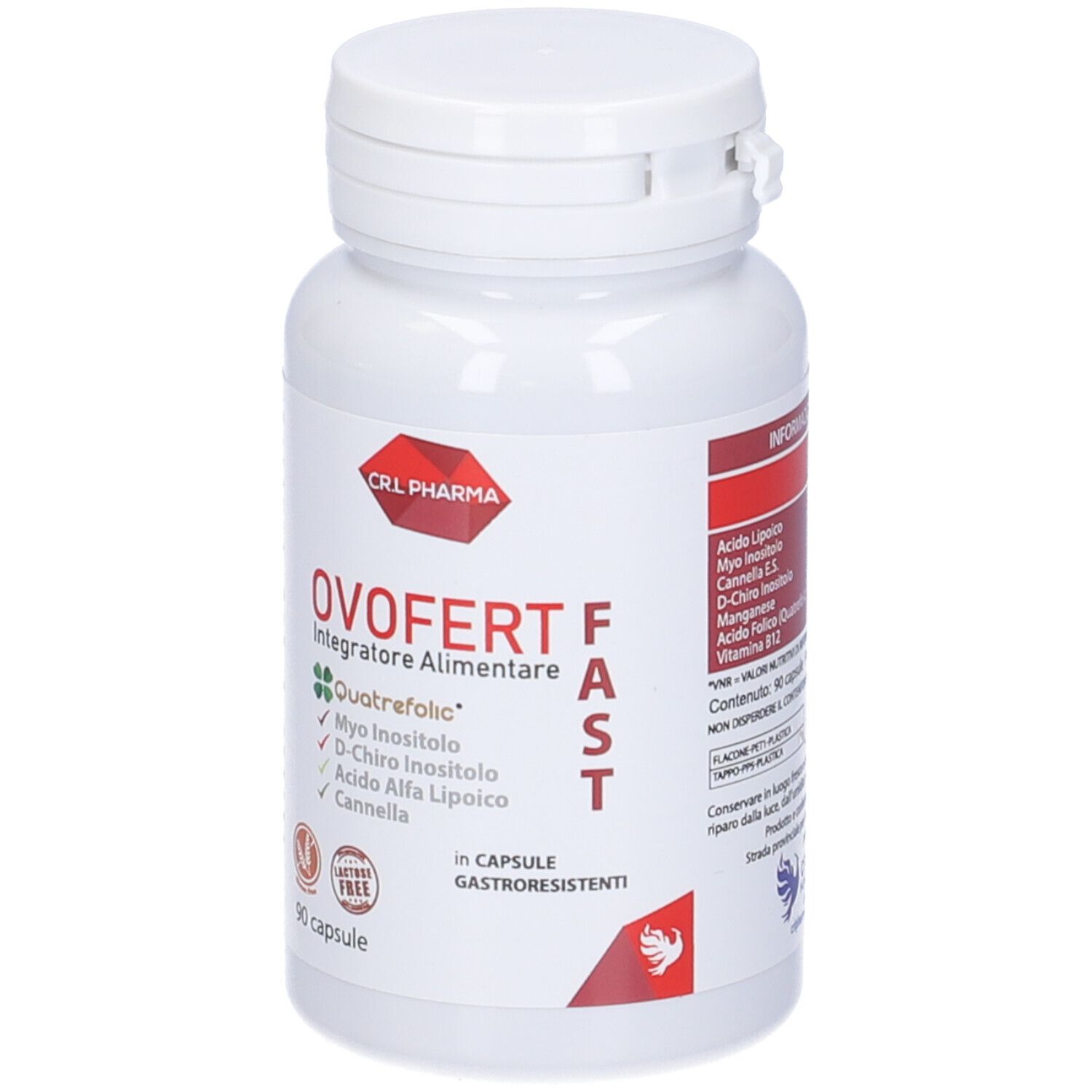 Capsule Ovofert Fast. Flacone bianco con testo e logo rossi. Contiene 90 capsule. Con ingredienti.