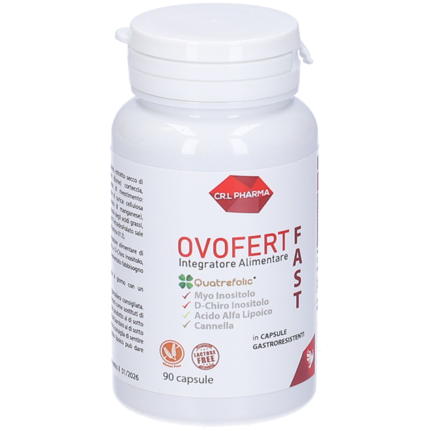Capsule Ovofert Fast. Flacone bianco con testo e logo rossi. Contiene 90 capsule. Con ingredienti.