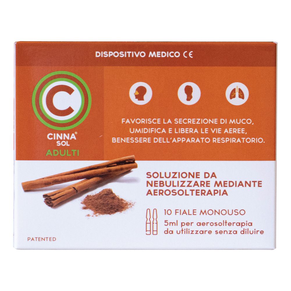 Confezione di Cinna Sol Adulti. Contiene bastoncini di cannella, polvere e 10 fiale monodose. Dispositivo medico con marchio CE.