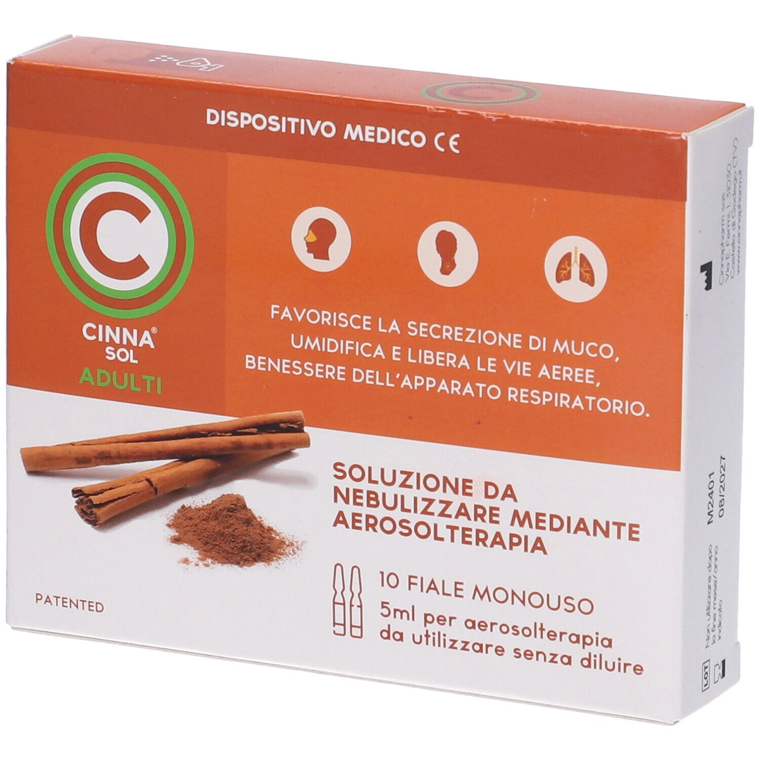 Confezione di Cinna Sol Adulti. Contiene bastoncini di cannella, polvere e 10 fiale monodose. Dispositivo medico con marchio CE.