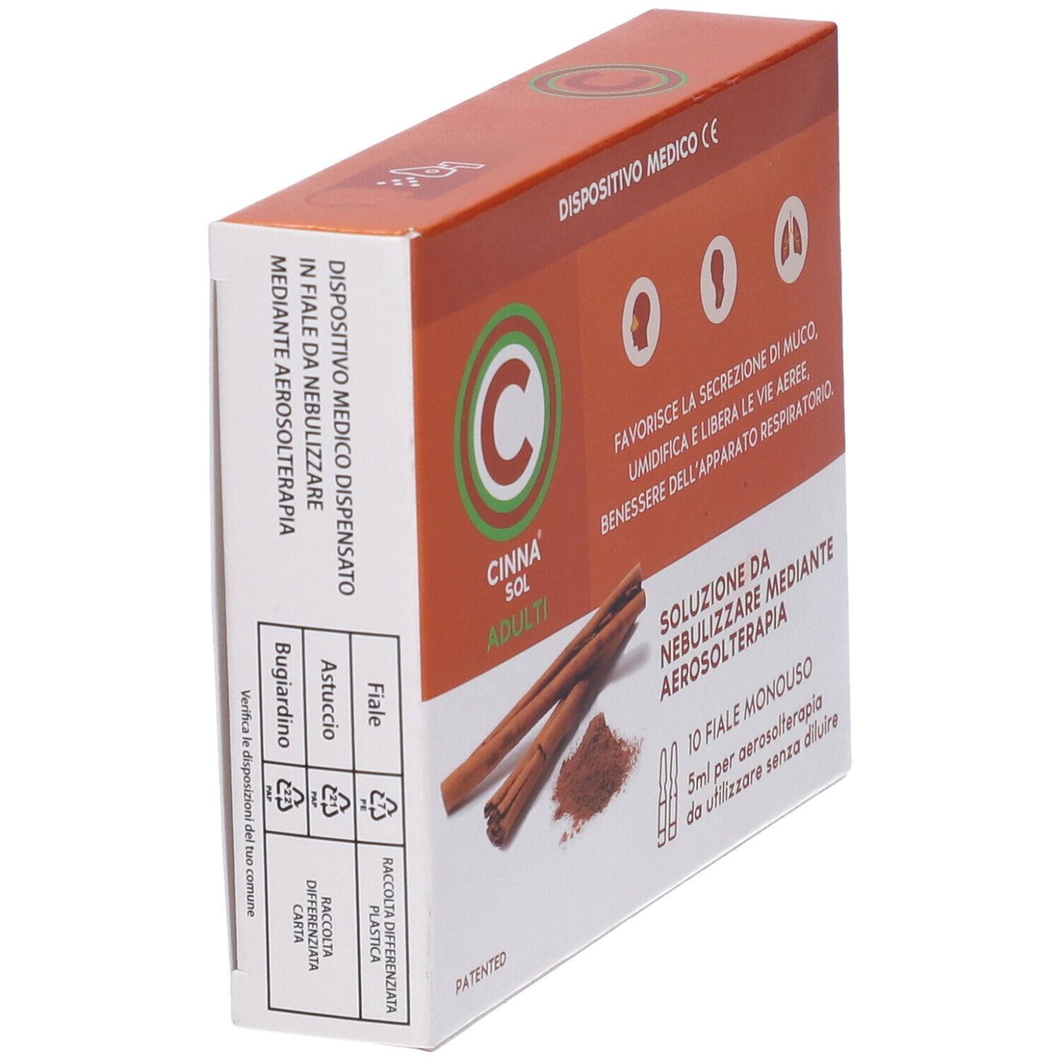 Confezione di Cinna Sol Adulti. Contiene bastoncini di cannella, polvere e 10 fiale monodose. Dispositivo medico con marchio CE.