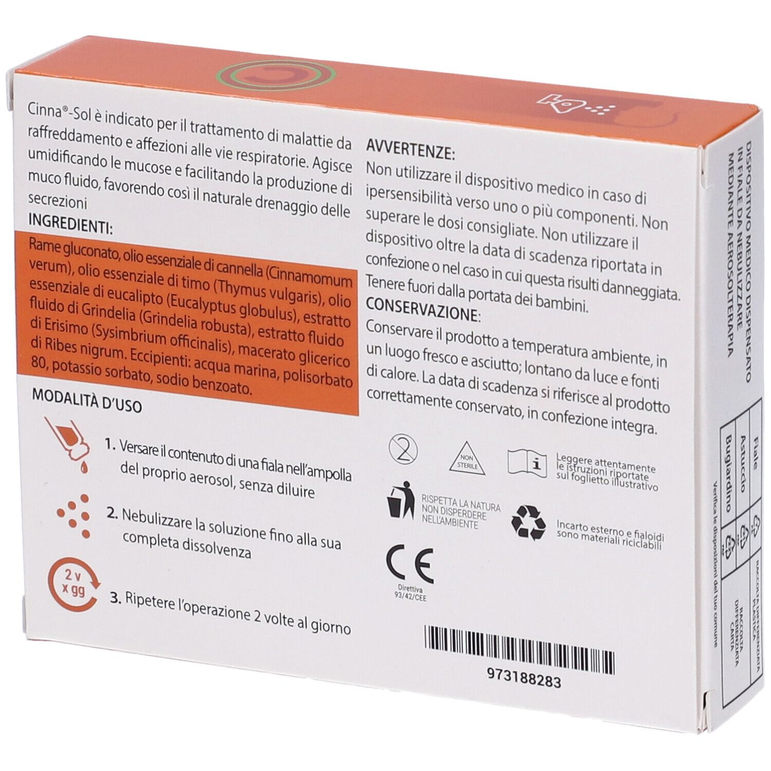 Vista angolata della confezione Cinna Sol Adulti. Contiene cannella, polvere e 10 fiale monodose. Dispositivo medico con marchio CE.