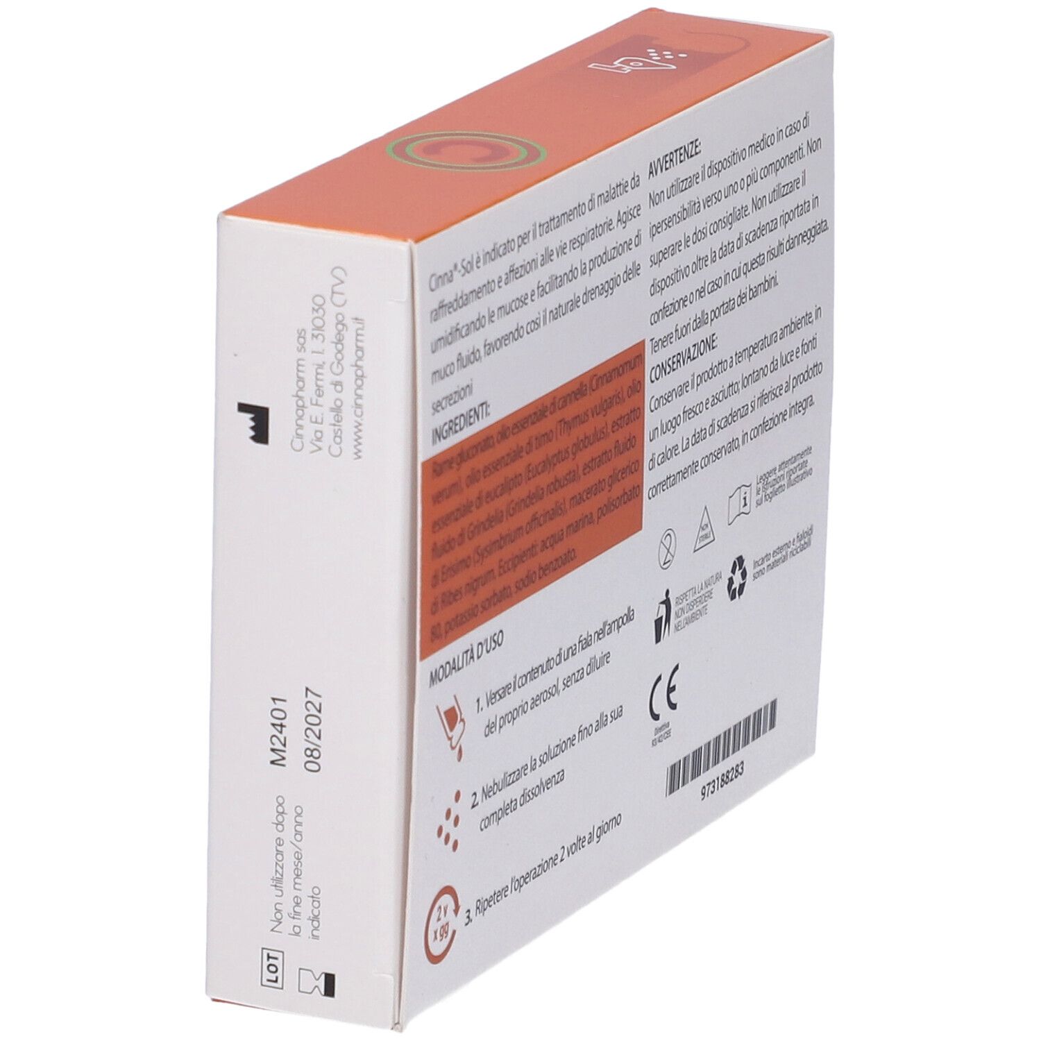 Retro della confezione Cinna Sol Adulti. Contiene informazioni su ingredienti, uso e avvertenze. Dispositivo medico con marchio CE.