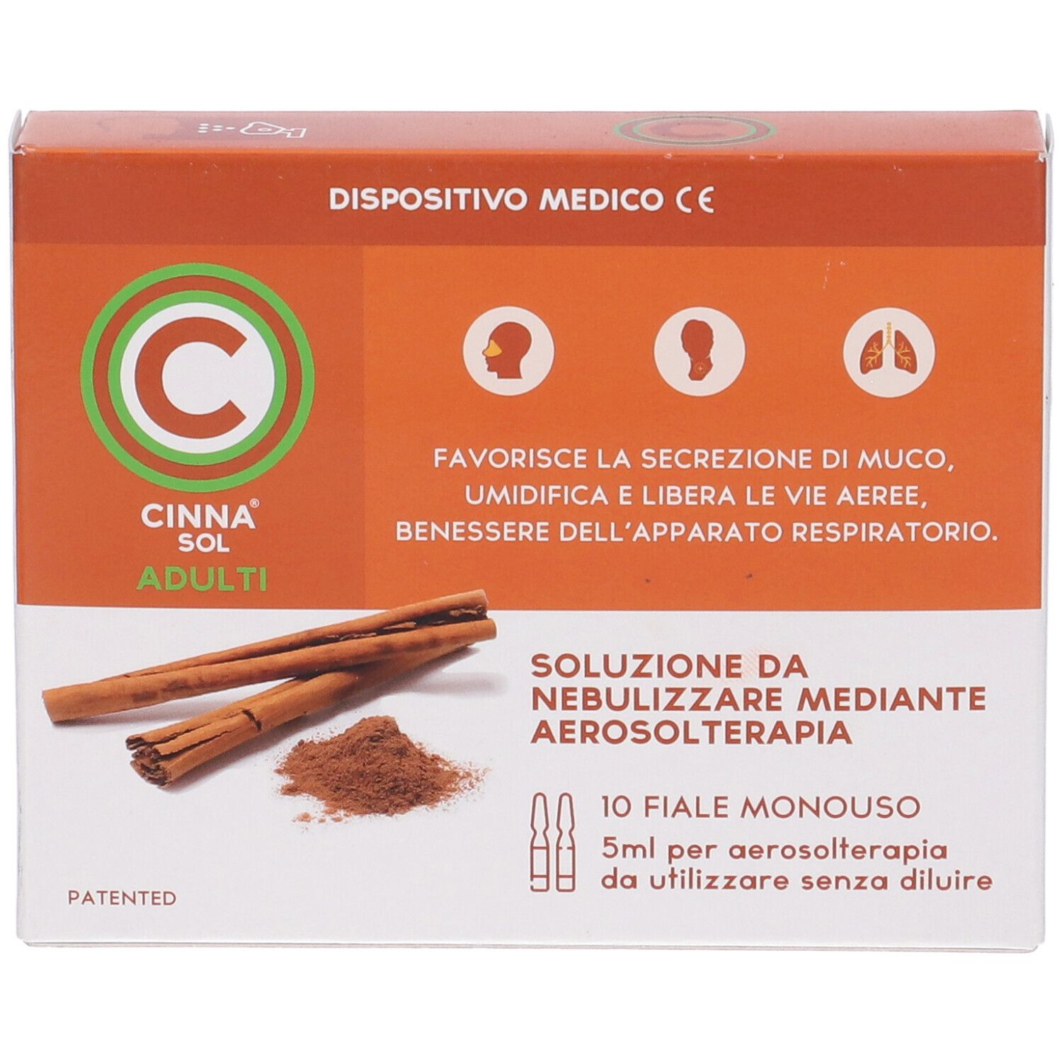 Vista laterale della confezione Cinna Sol Adulti. Contiene informazioni su ingredienti, uso e avvertenze. Dispositivo medico con marchio CE.