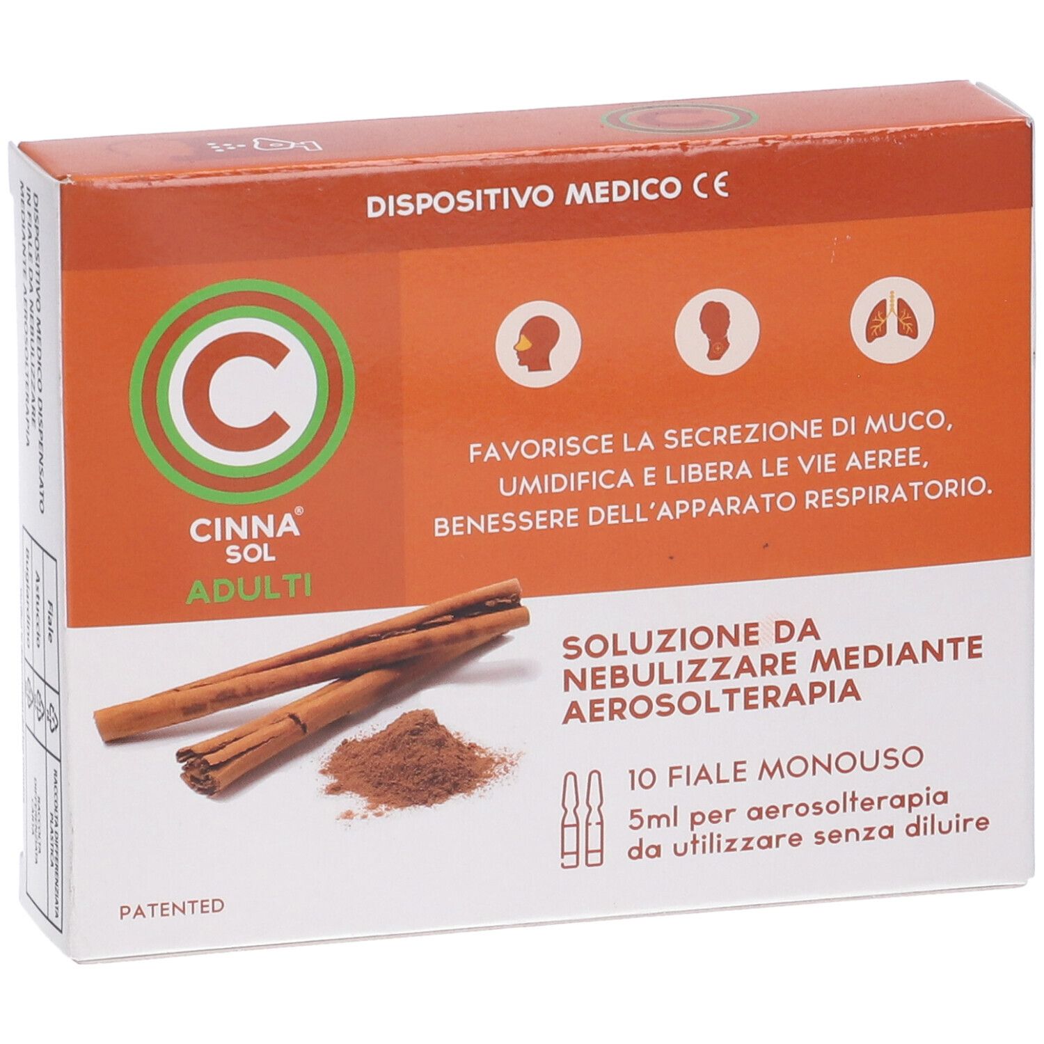 Confezione di Cinna Sol Adulti. Contiene bastoncini di cannella, polvere e 10 fiale monodose. Dispositivo medico con marchio CE.
