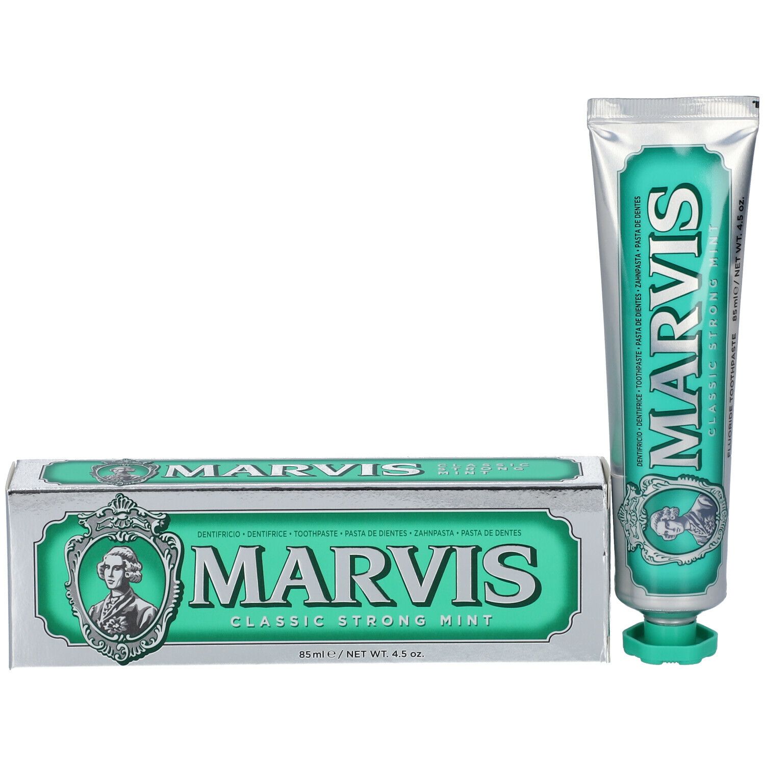 Zahnpasta-Tube und Schachtel. MARVIS-Logo und Produktname. Klassische Zahnpasta mit starker Minze. Silber und Grün.