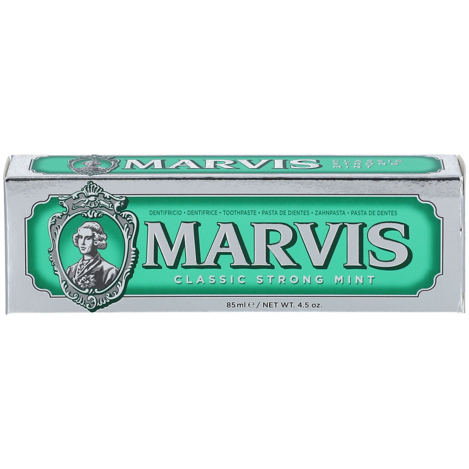 Zahnpasta-Schachtel, silberfarben mit grünen Akzenten. MARVIS-Logo und Produktname. Klassische Zahnpasta mit starker Minze.