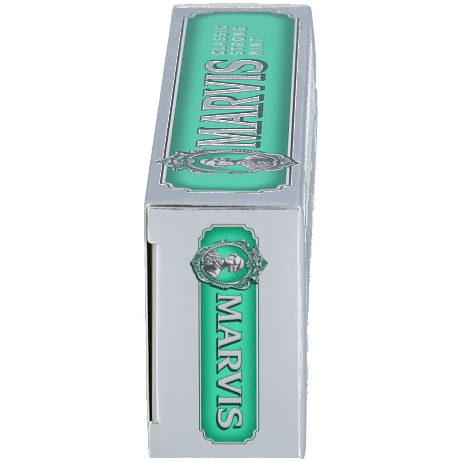 Seitenansicht der Zahnpasta-Schachtel. MARVIS-Logo. Klassische Zahnpasta mit starker Minze. Silber und Grün.
