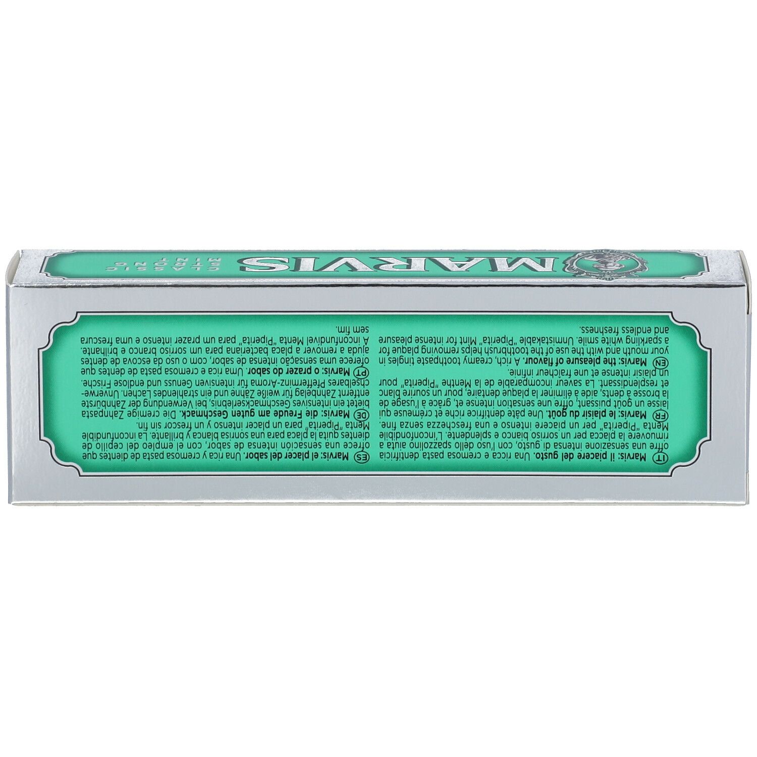 Rückseite der Zahnpasta-Schachtel. Text in mehreren Sprachen. MARVIS-Logo. Grüne und silberne Verpackung.