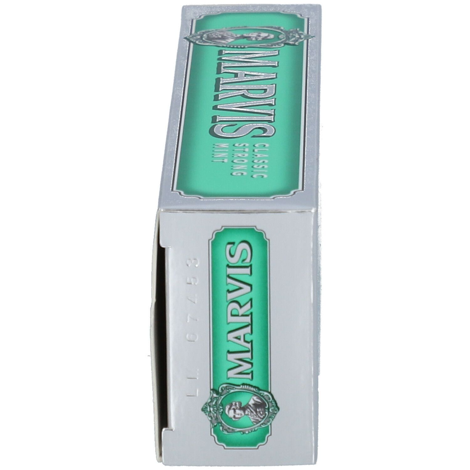 Seitenansicht der Zahnpasta-Schachtel. MARVIS-Logo. Klassische Zahnpasta mit starker Minze. Silber und Grün.
