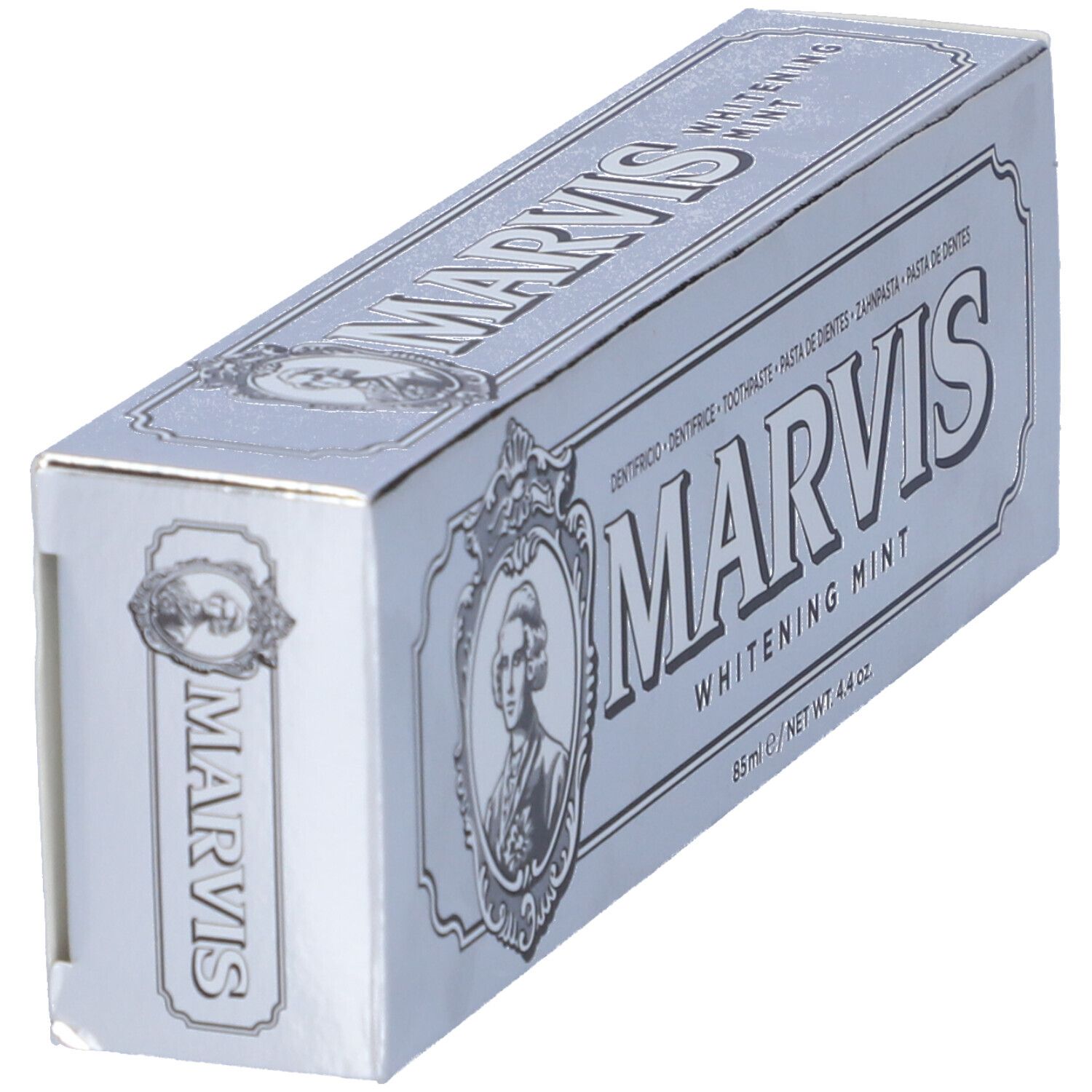Scatola argentata MARVIS WHITENING MINT in diagonale. Contiene un ritratto e testo in diverse lingue.