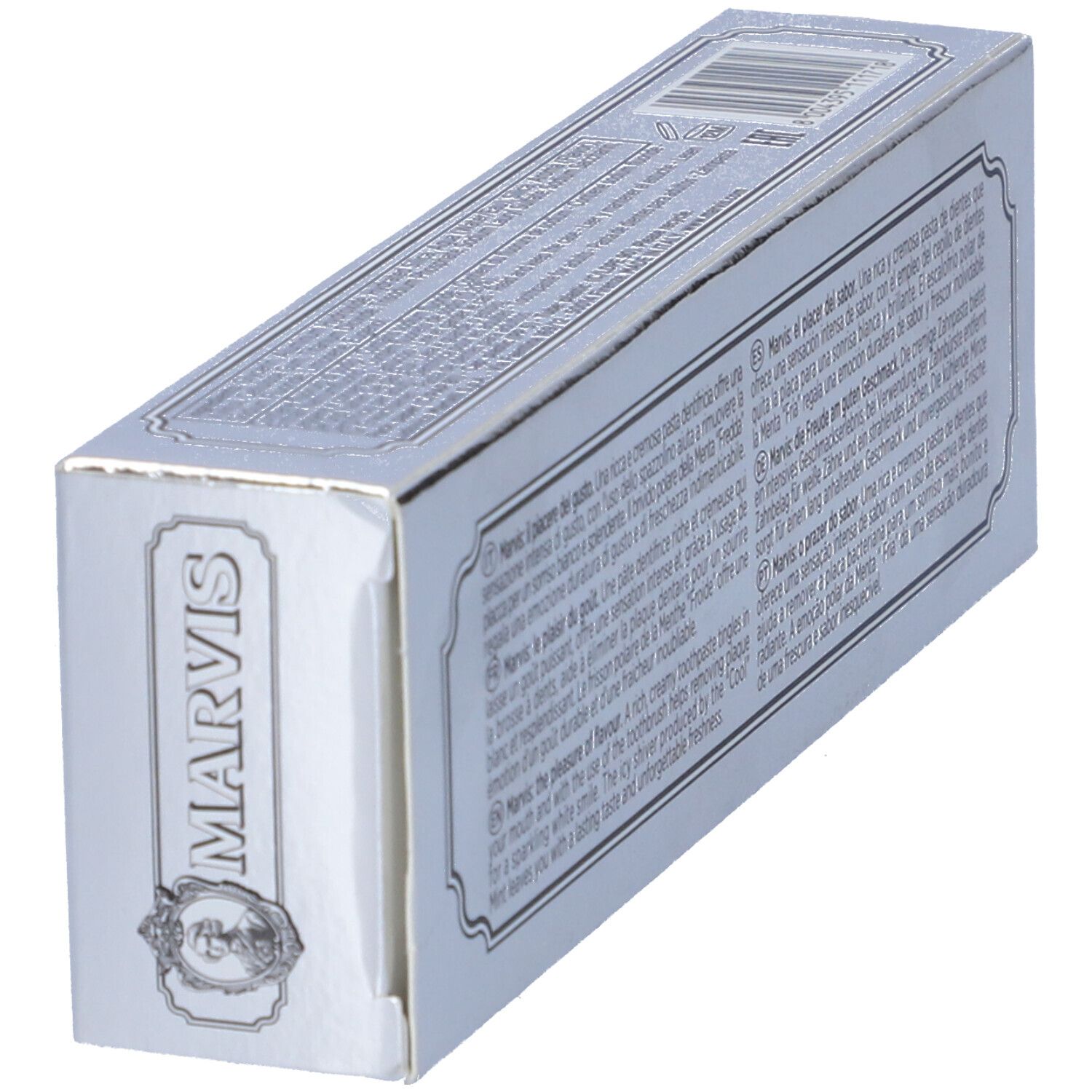 Scatola argentata MARVIS WHITENING MINT in diagonale. Testo in diverse lingue.