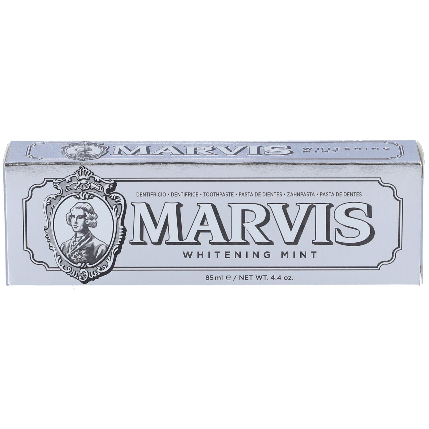 Scatola argentata MARVIS WHITENING MINT. Contiene un ritratto e testo in diverse lingue.
