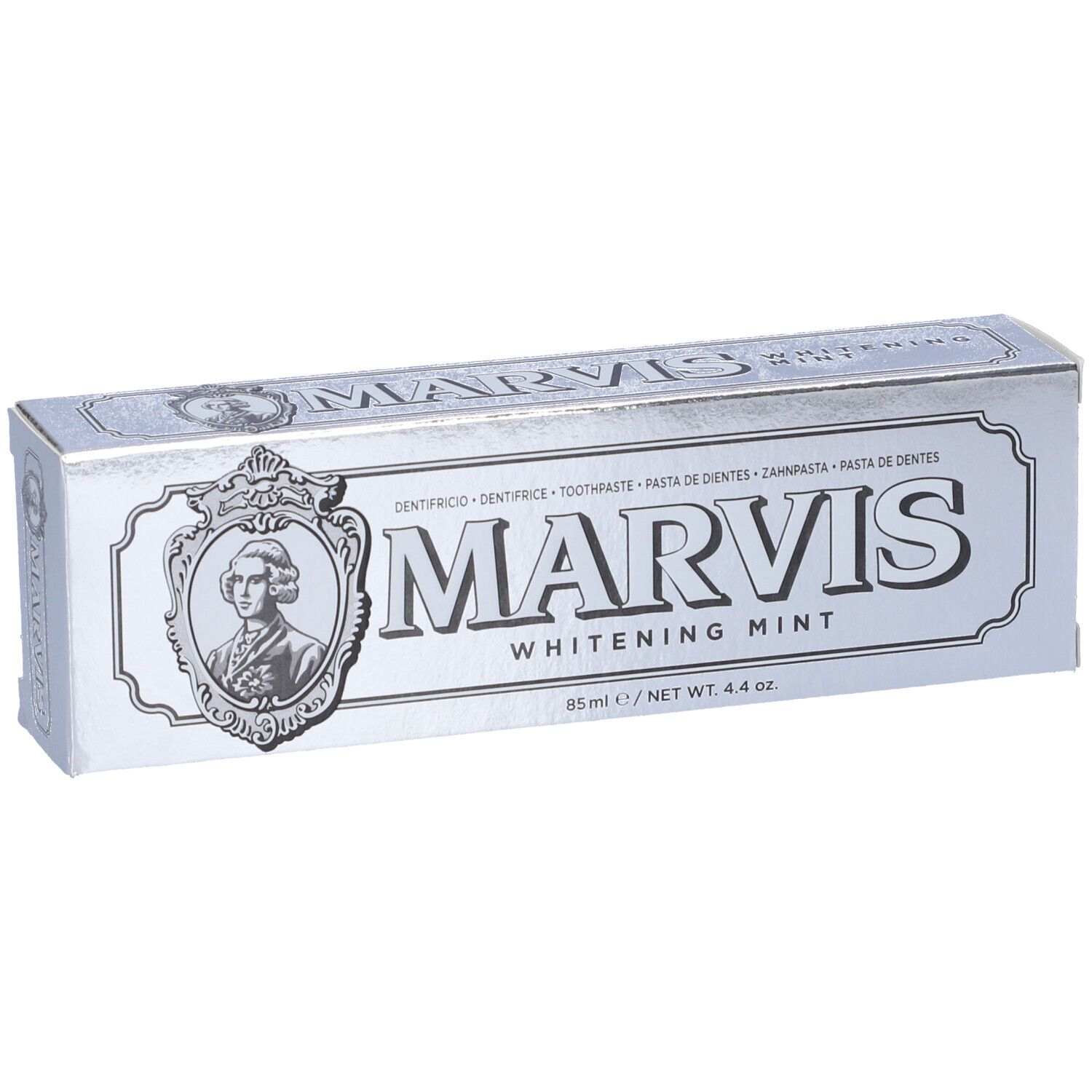 Scatola argentata MARVIS WHITENING MINT. Contiene un ritratto e testo in diverse lingue.