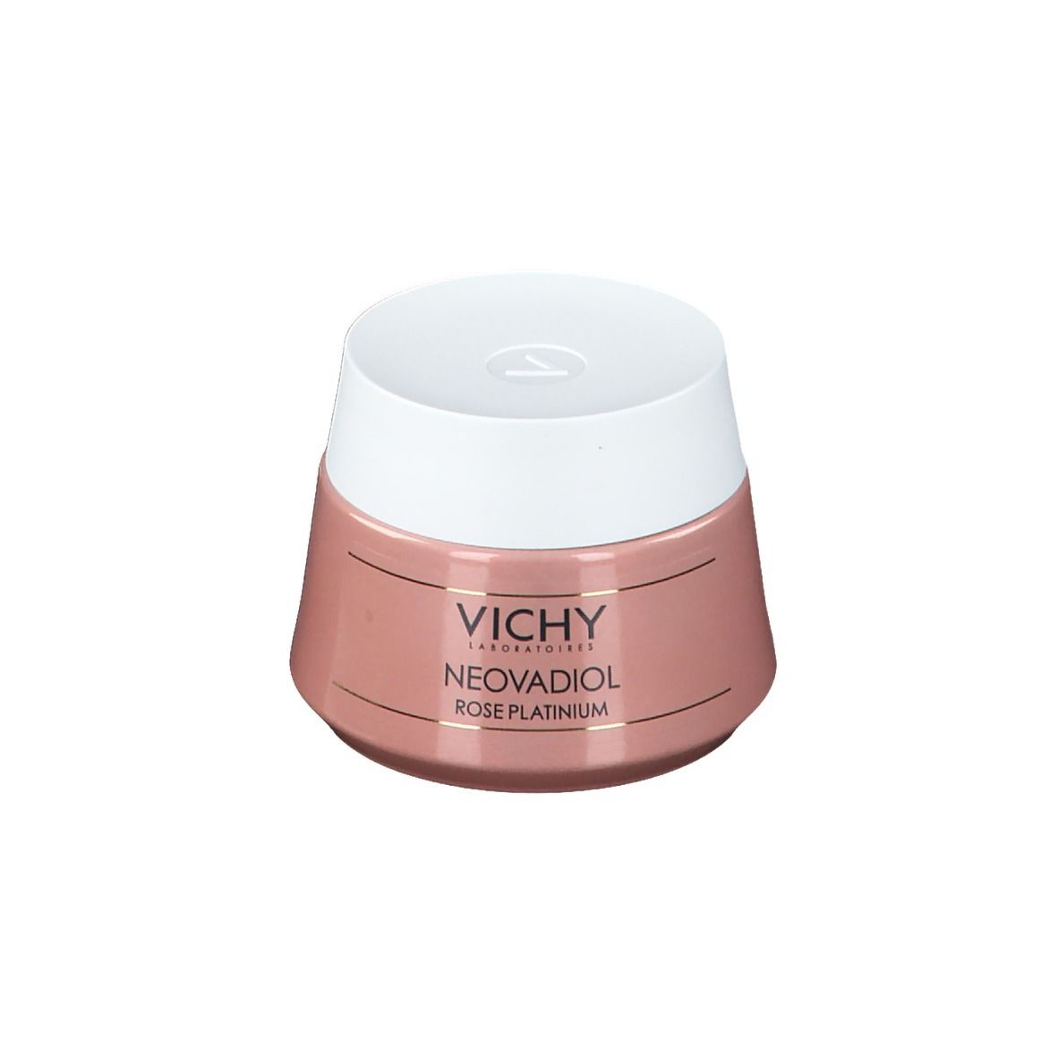 Vasetto di crema rosa con coperchio bianco. Scritta: Vichy, Neovadiol Rose Platinum.
