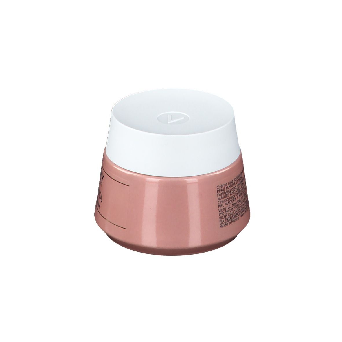 Vasetto di crema rosa con coperchio bianco. Scritta: Vichy, Neovadiol Rose Platinum.