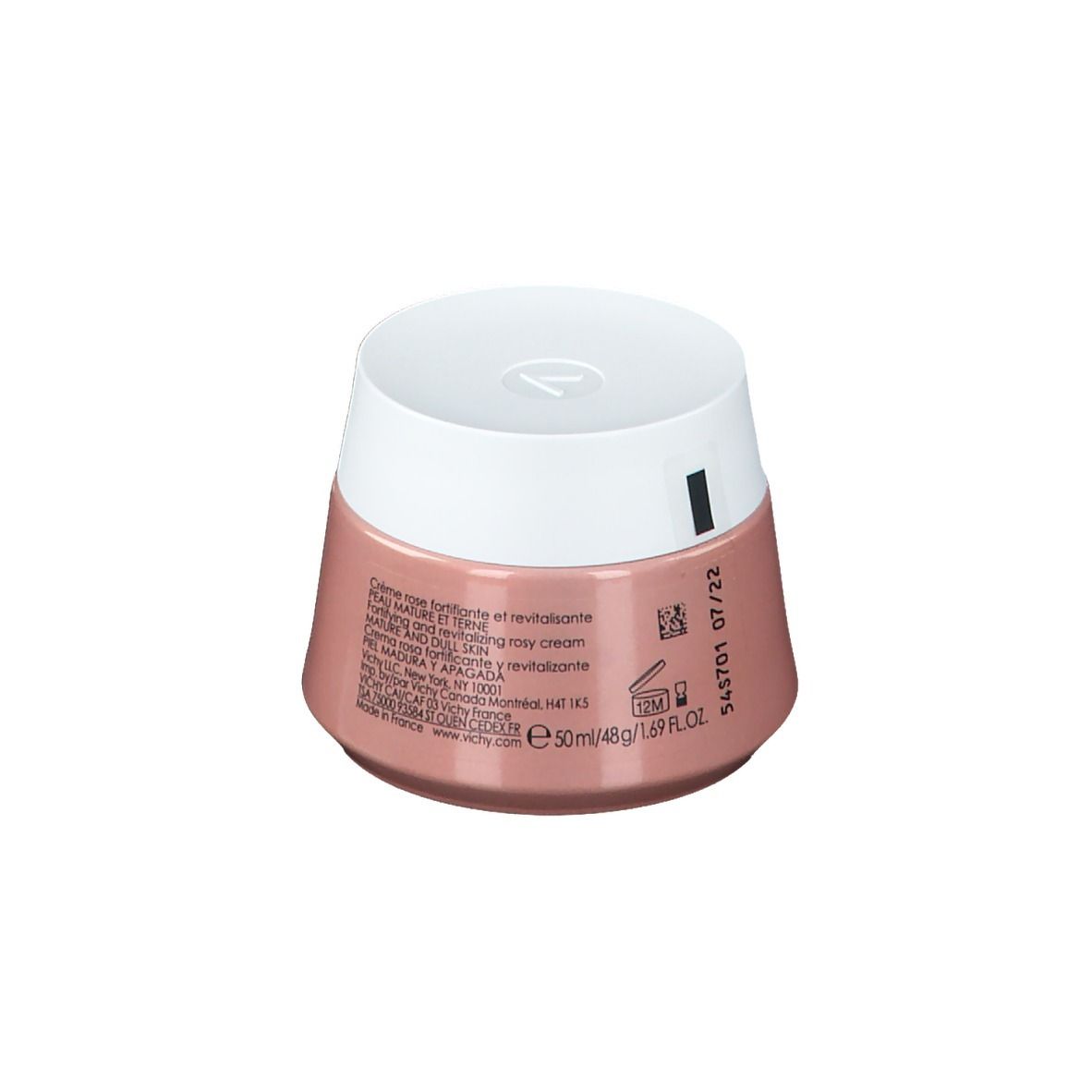 Vasetto di crema rosa con coperchio bianco. Scritta: Vichy, Neovadiol Rose Platinum. Retro con testo.