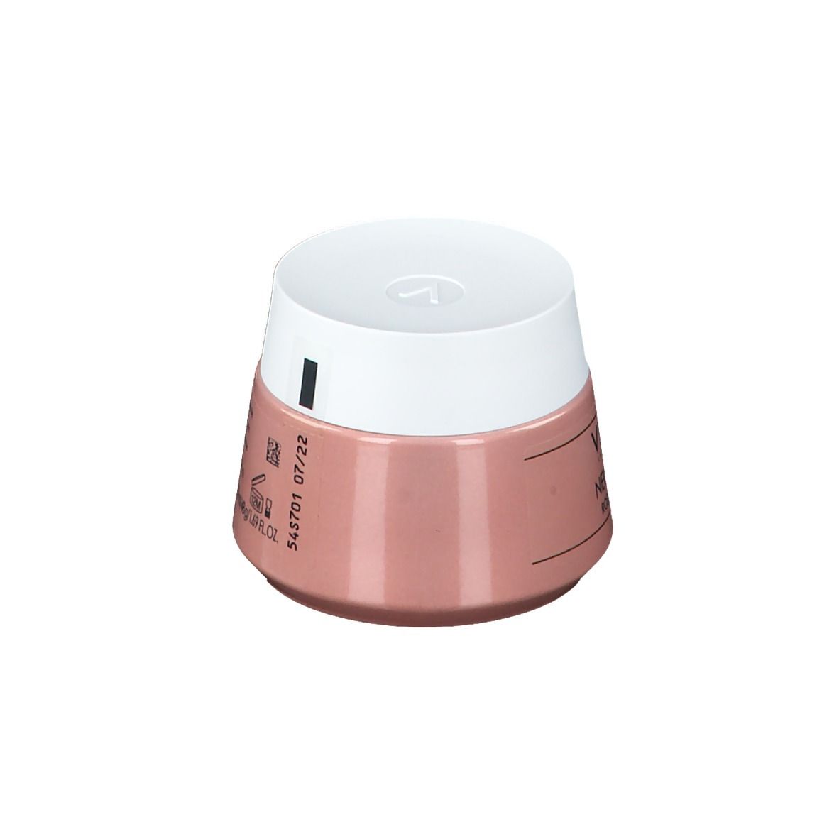 Vasetto di crema rosa con coperchio bianco. Scritta: Vichy, Neovadiol Rose Platinum. Retro con testo.