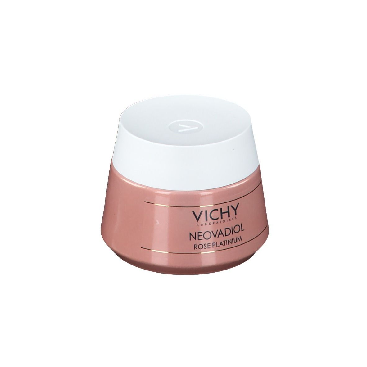 Vasetto di crema rosa con coperchio bianco. Scritta: Vichy, Neovadiol Rose Platinum.