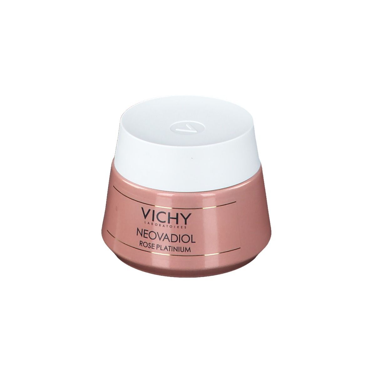 Vasetto di crema rosa con coperchio bianco. Scritta: Vichy, Neovadiol Rose Platinum.