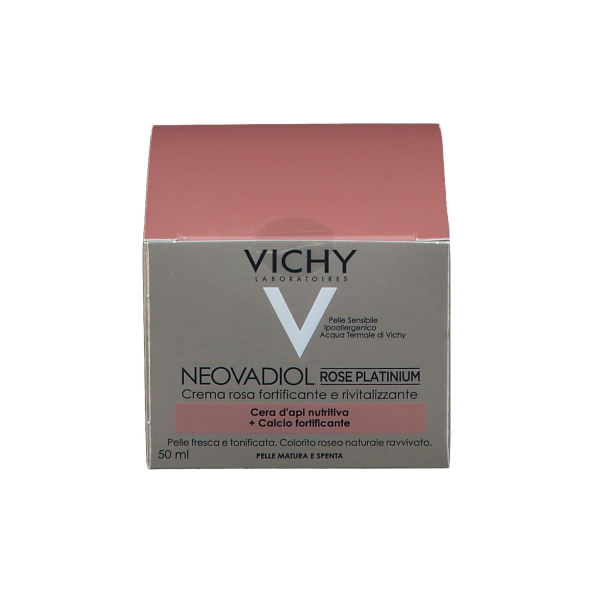 Vasetto di crema rosa con coperchio bianco e confezione. Scritta: Vichy, Neovadiol Rose Platinum.