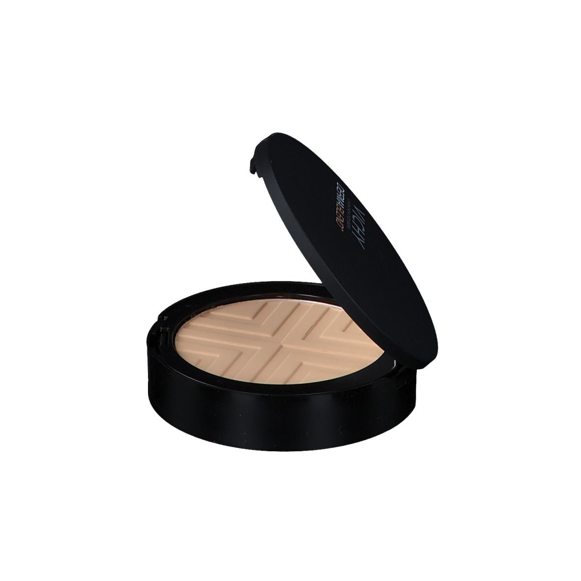Poudre compacte ronde noire avec couvercle légèrement ouvert. La poudre est beige clair.