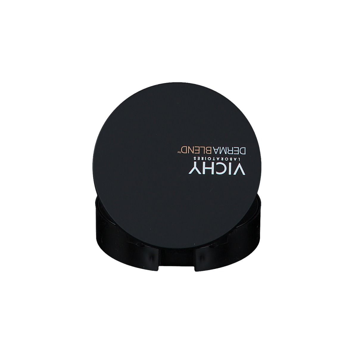 Poudre compacte ronde noire avec couvercle fermé. Le couvercle porte VICHY DERMABLEND™.