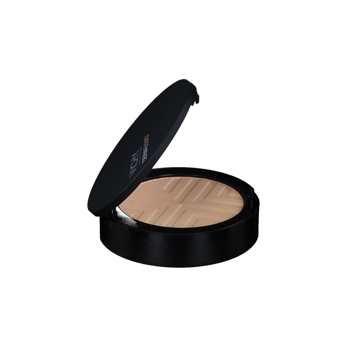 Poudre compacte ronde noire avec couvercle ouvert. La poudre est beige clair.