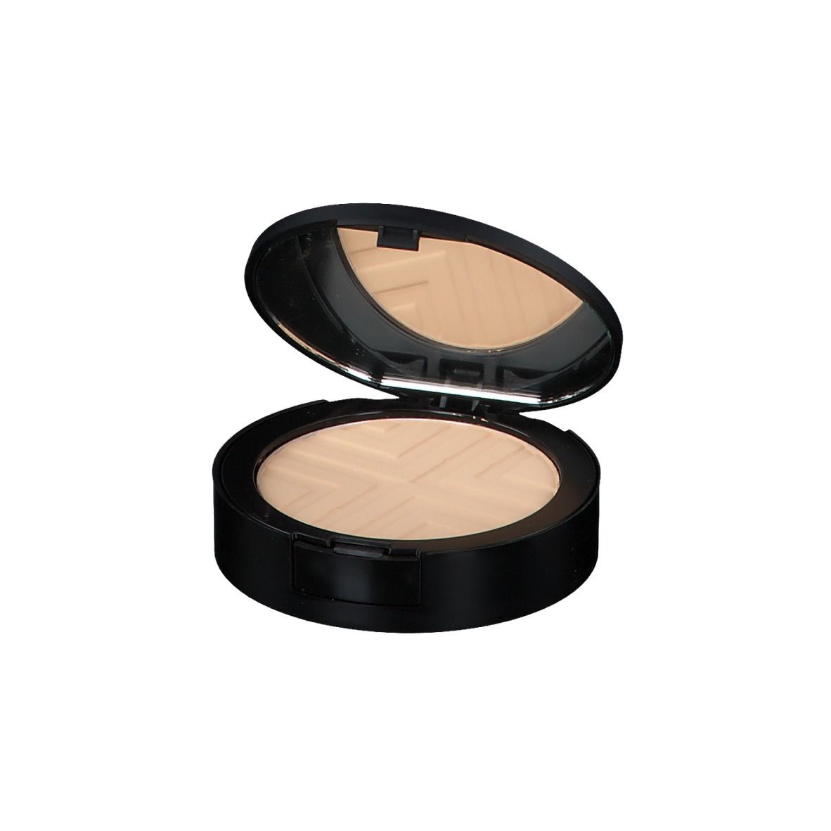 Poudre compacte ronde noire avec couvercle ouvert. Il y a un miroir dans le couvercle. La poudre est beige clair.