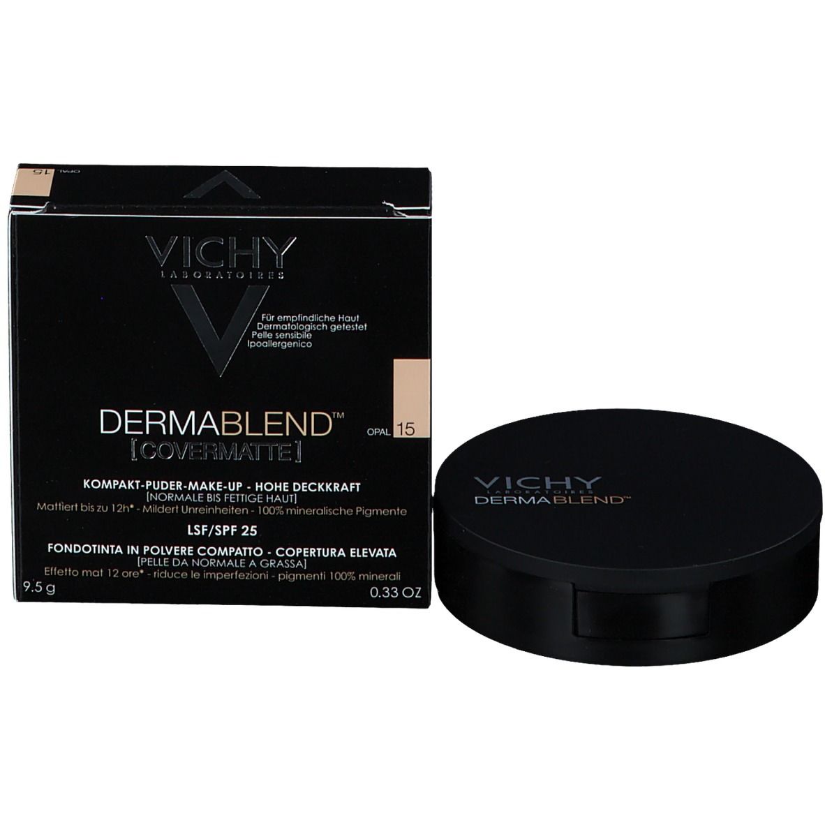 Emballage noir avec poudre compacte et informations sur le produit. L'emballage porte DERMABLEND™ [COVERMATTE].