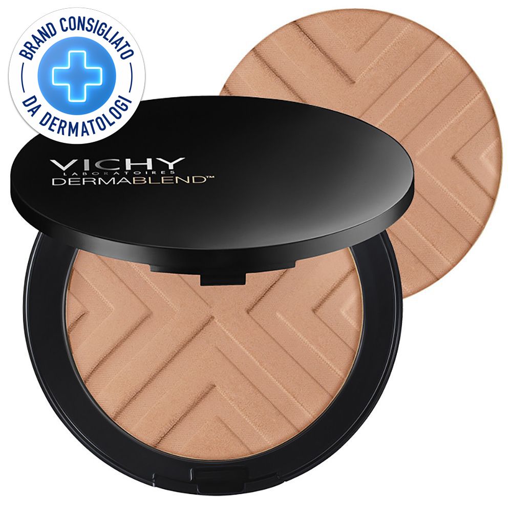 Cipria compatta con coperchio. Sul coperchio c'è scritto "VICHY DERMABLEND". Sul fondotinta è visibile un motivo. C'è un logo sul fondotinta.