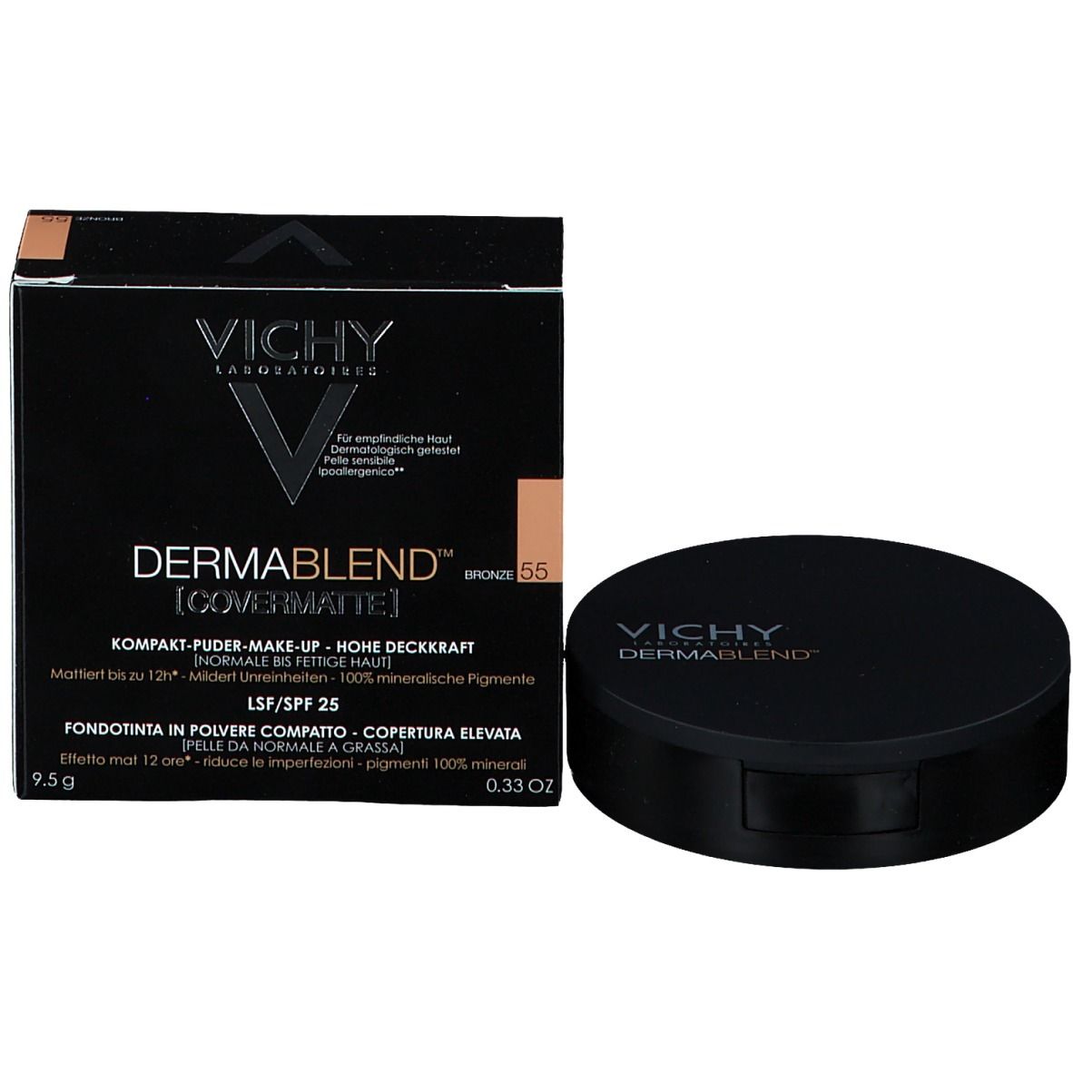 Confezione e cipria compatta. Sulla confezione c'è scritto "DERMABLEND" e "BRONZE 55". La cipria è in un contenitore nero.