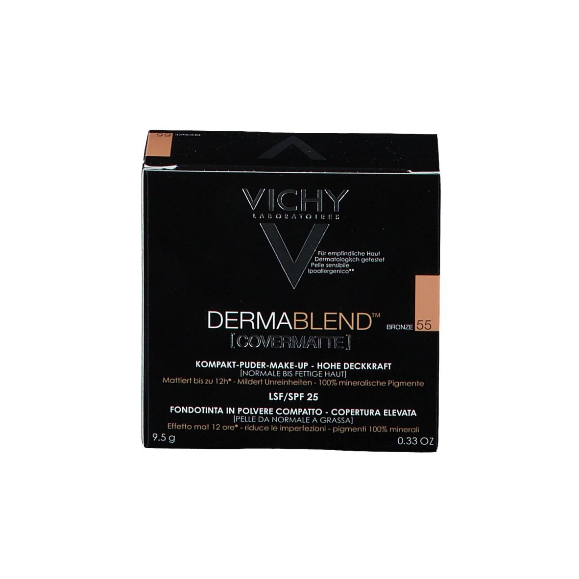 Confezione di cipria compatta. Sulla confezione c'è scritto "DERMABLEND" e "BRONZE 55".