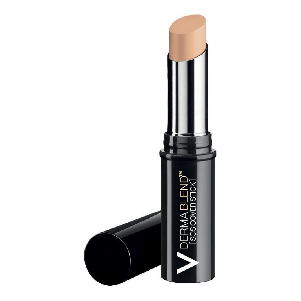 Abdeckstift mit beiger Spitze und schwarzem Gehäuse. Aufschrift: DERMABLEND™ [SOS COVER STICK].