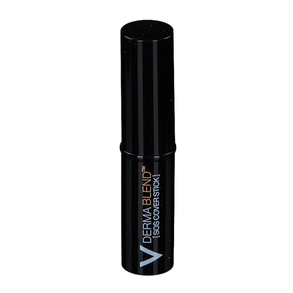 Schwarzer Abdeckstift mit vertikalen Streifen. Aufschrift: DERMABLEND™ [SOS COVER STICK].