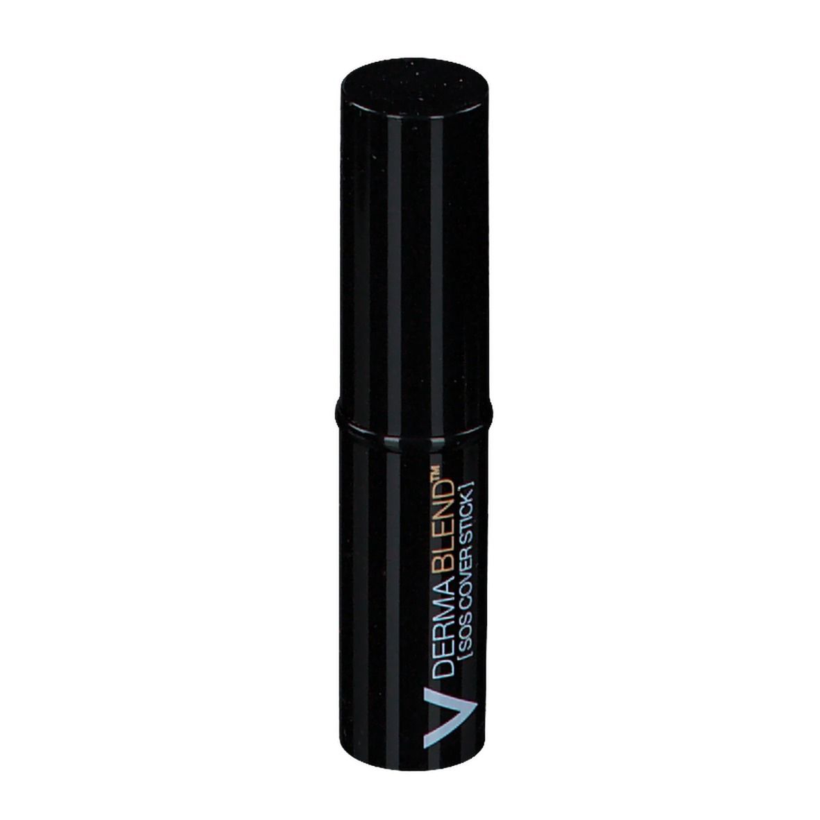 Schwarzer Abdeckstift mit vertikalen Streifen. Aufschrift: DERMABLEND™ [SOS COVER STICK].