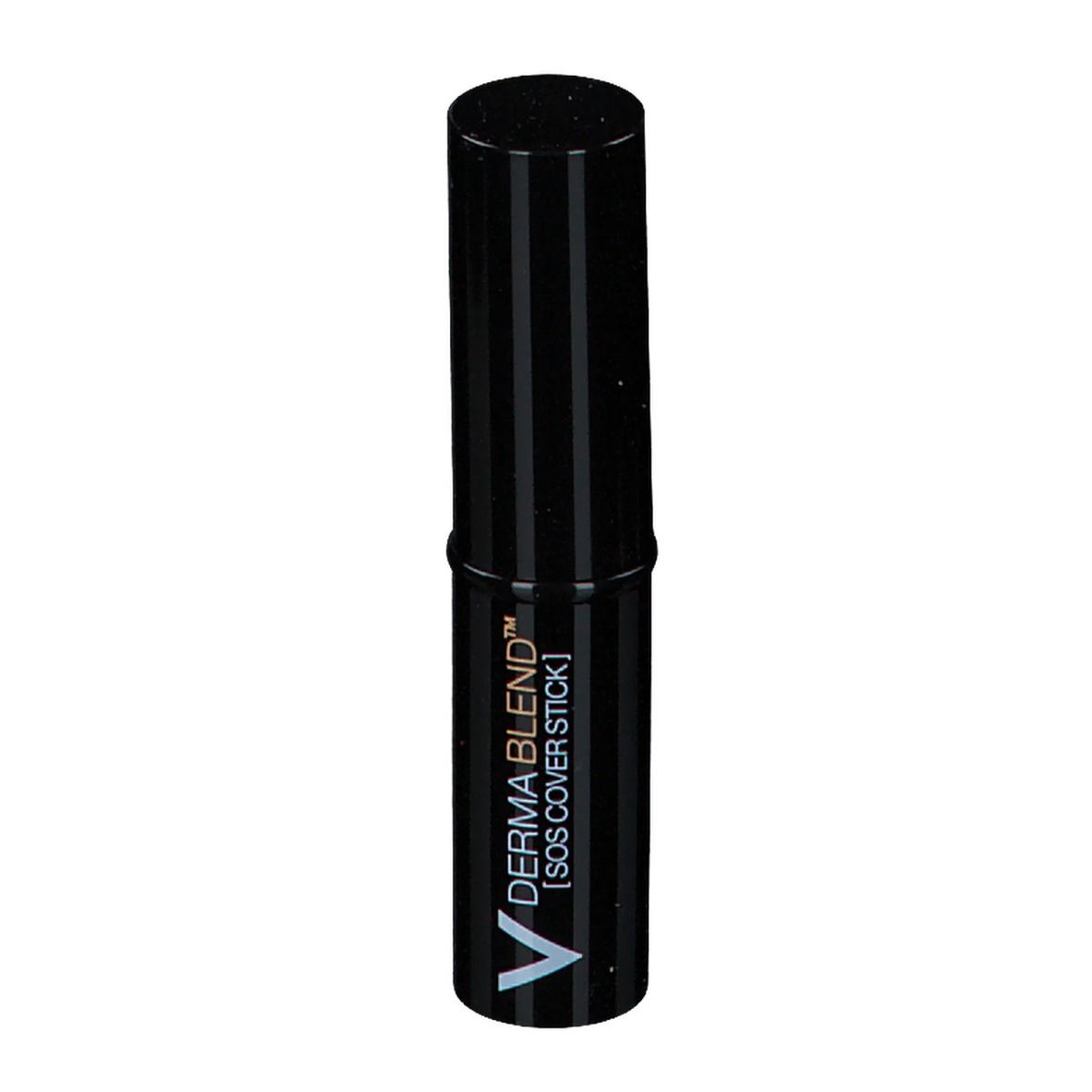Schwarzer Abdeckstift mit vertikalen Streifen. Aufschrift: DERMABLEND™ [SOS COVER STICK].