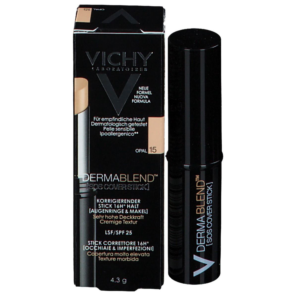 Schwarzer Abdeckstift mit vertikalen Streifen. Aufschrift: DERMABLEND™ [SOS COVER STICK].