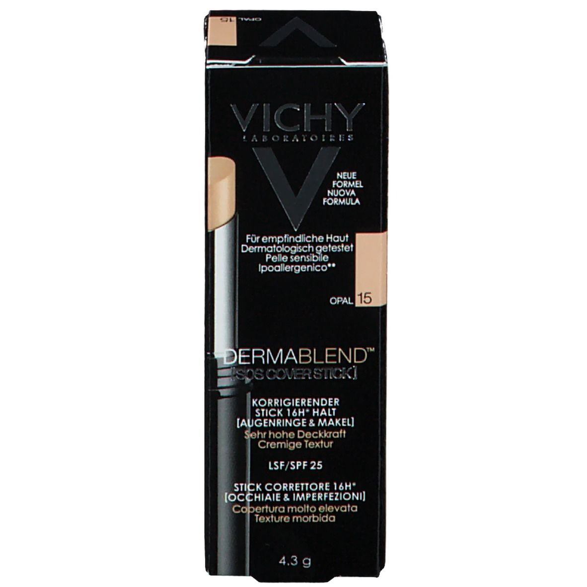 Produktverpackung mit Abdeckstift und Text. Aufschrift: VICHY, DERMABLEND™ [SOS COVER STICK].