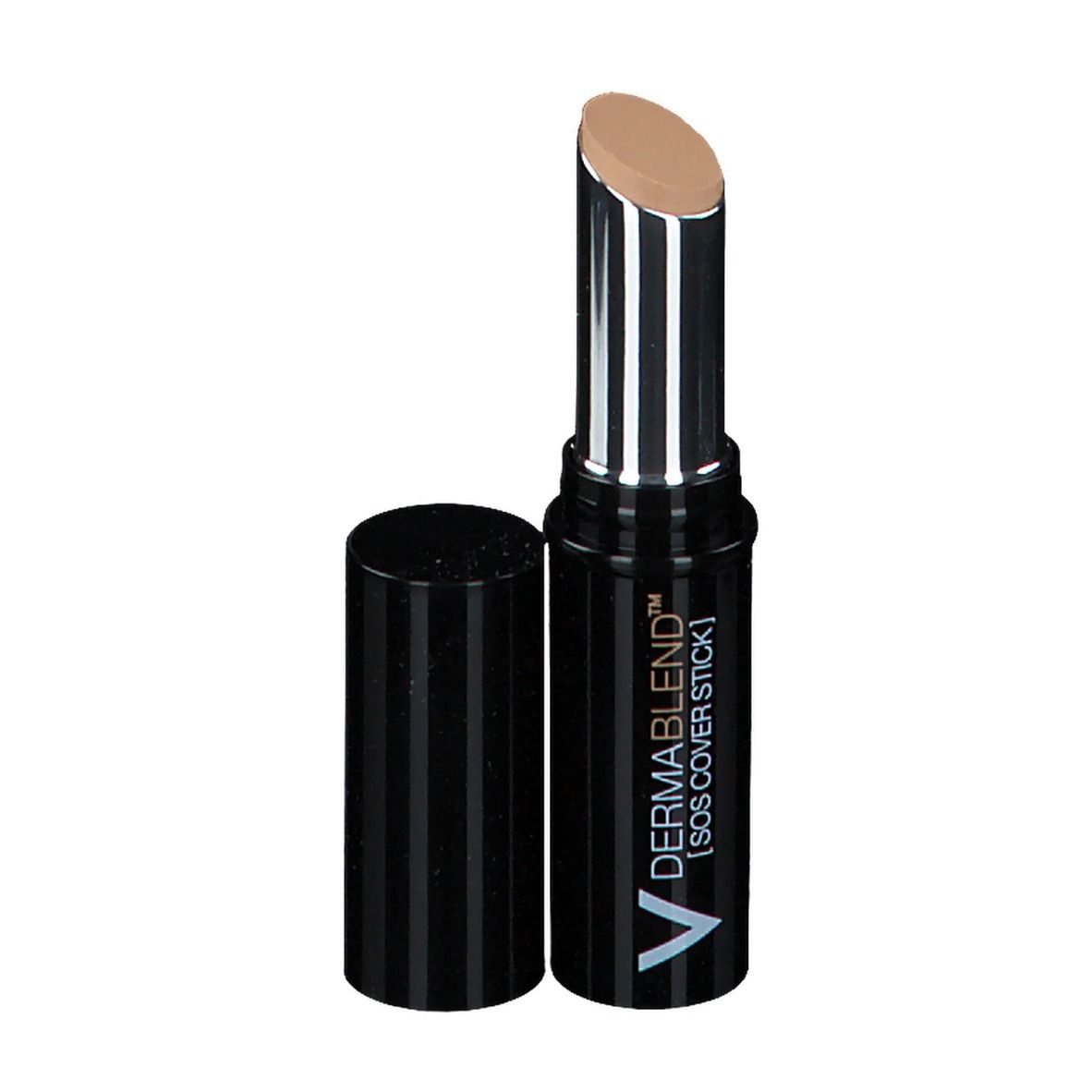 Stick correttivo beige, astuccio nero. Scritta: DERMABLEND [SOS COVERSTICK].