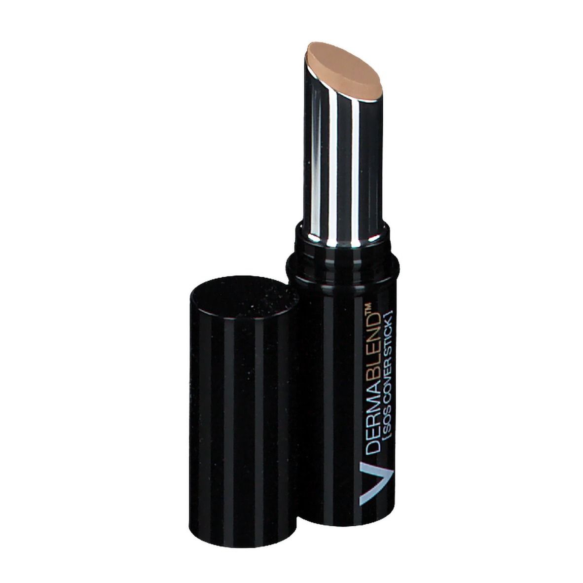 Stick correttivo beige, astuccio nero. Scritta: DERMABLEND [SOS COVERSTICK].