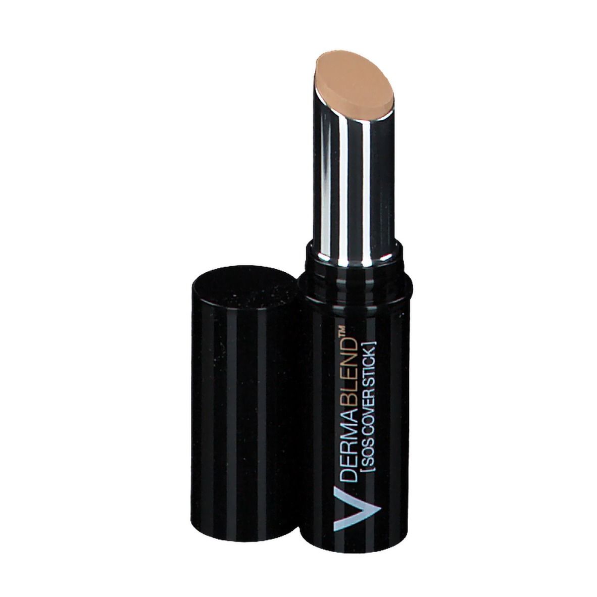 Stick correttivo beige, astuccio nero. Scritta: DERMABLEND [SOS COVERSTICK].